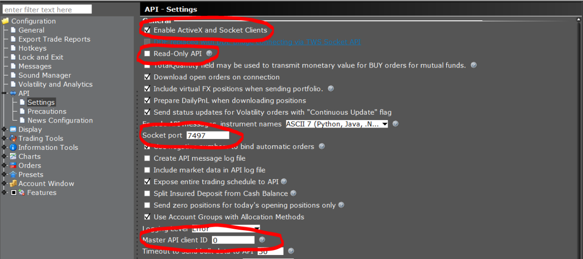 TWS API Settings page