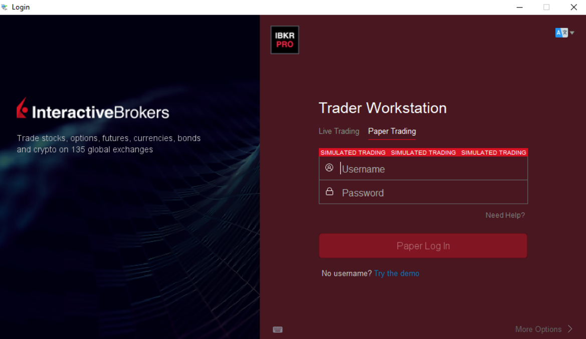 TWS Paper Trading login window